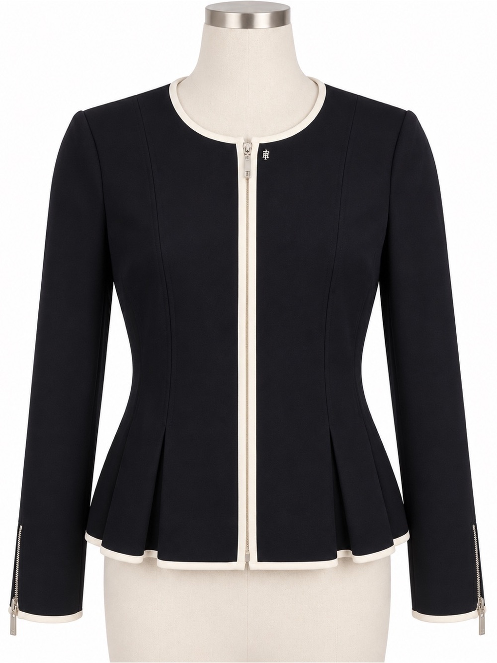 Tommy Hilfiger Black Peplum Zip-Front Jacket with Cream Trim